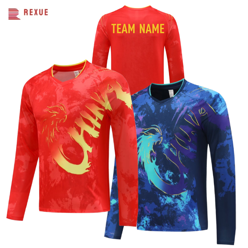 Table Tennis Shirt - China Dragon แขนยาวตารางเทนนิสเสื้อ 2024 สีแดงสีฟ้าจีนทีมแบดมินตัน Jersey